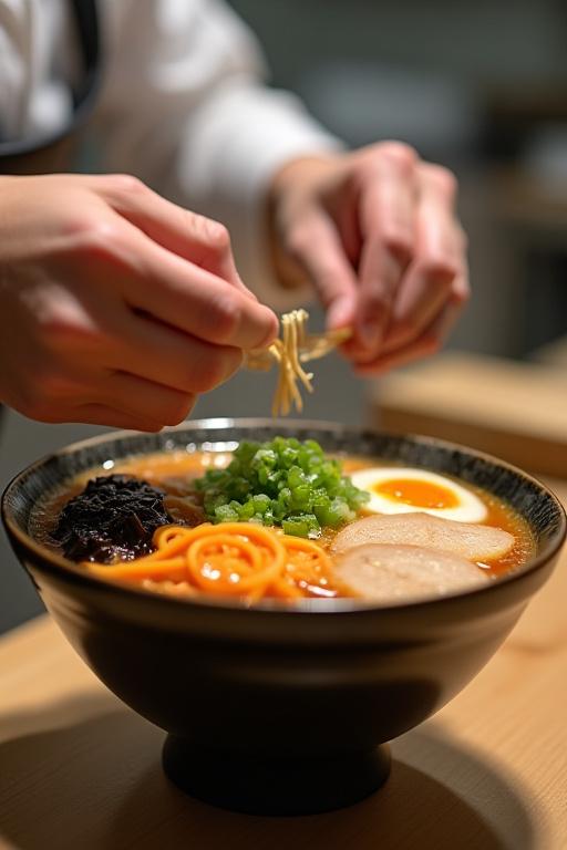 A close-up shot of a student carefully arranging toppings on their ramen bowl.